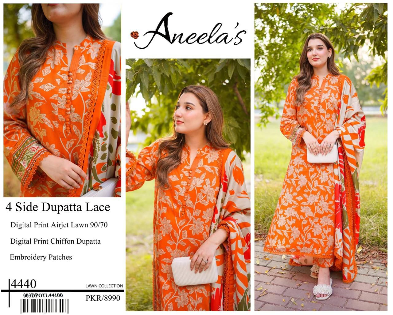 DIGITAL PRINT AIRJET LAWN 90/70 With 4 Side Lace CHIFFON DUPATTA