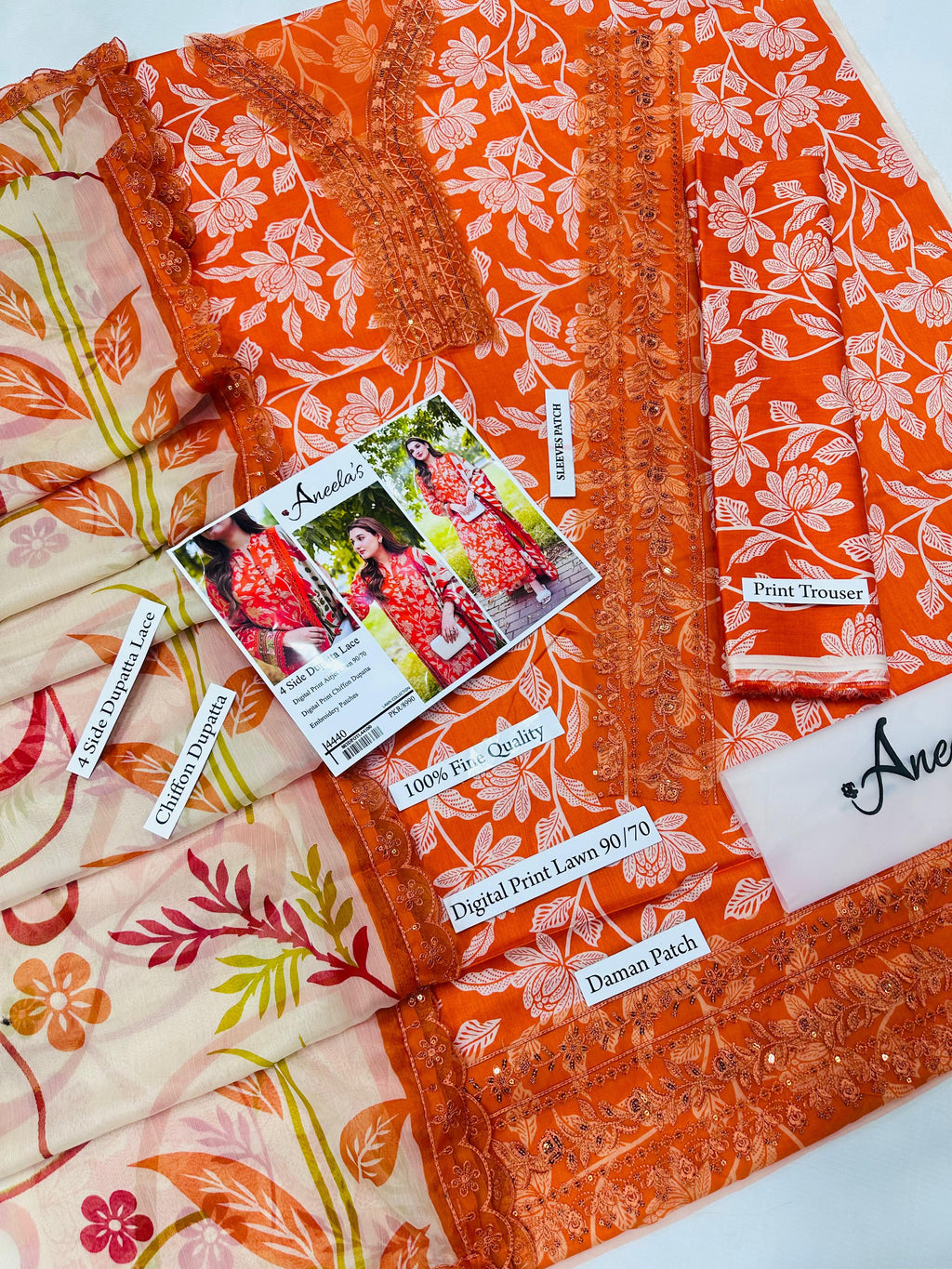 DIGITAL PRINT AIRJET LAWN 90/70 With 4 Side Lace CHIFFON DUPATTA