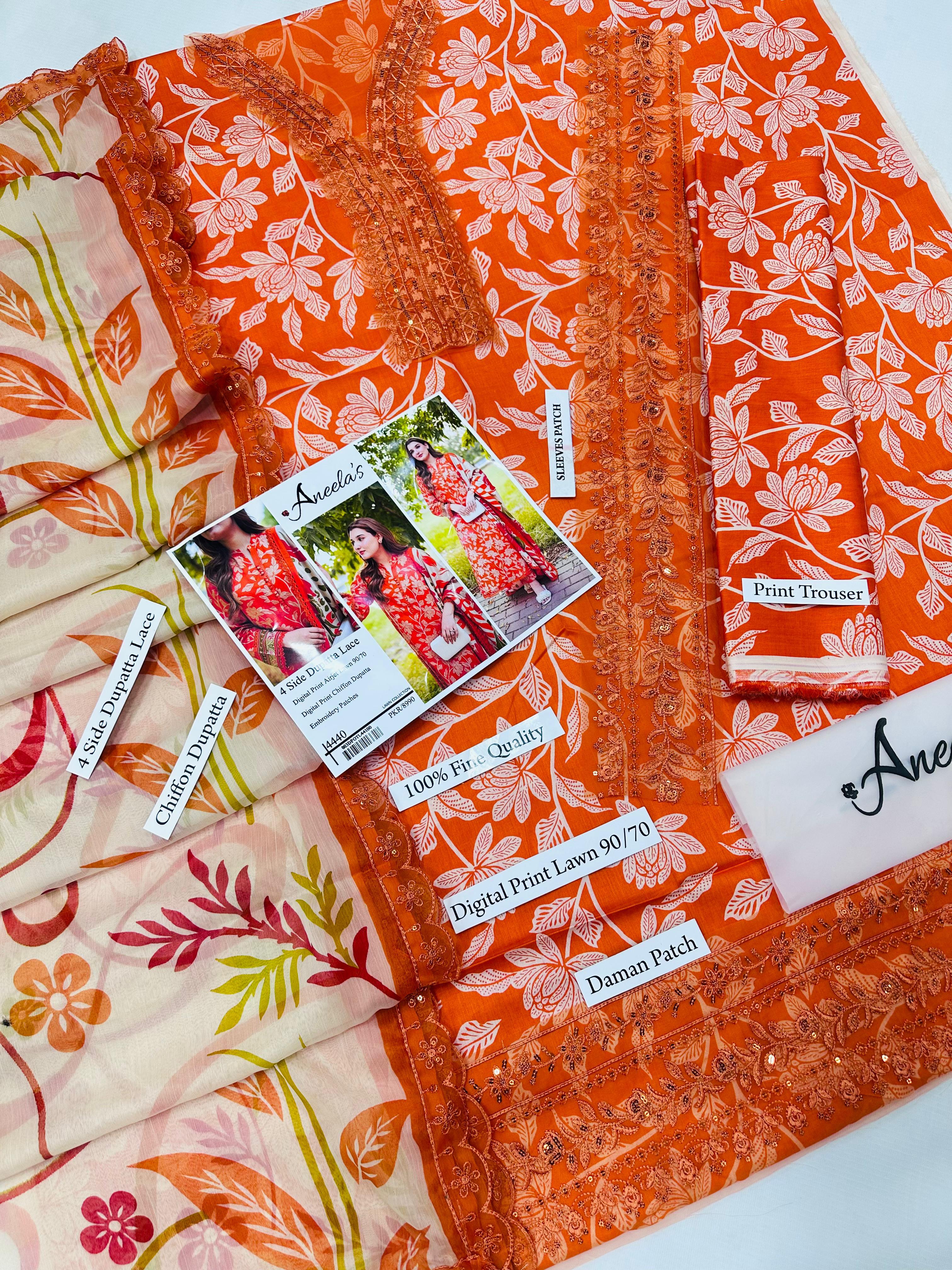 DIGITAL PRINT AIRJET LAWN 90/70 With 4 Side Lace CHIFFON DUPATTA