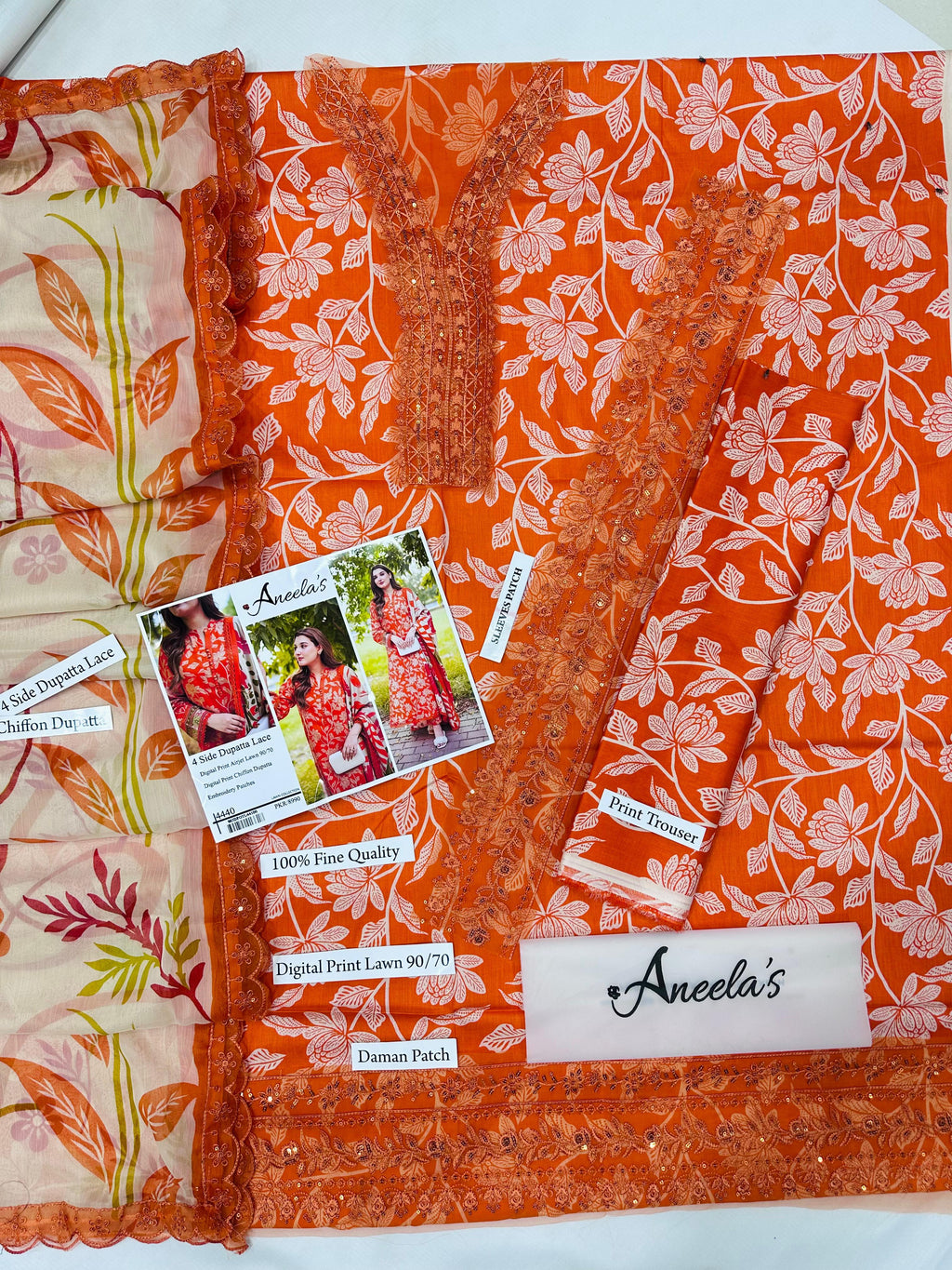 DIGITAL PRINT AIRJET LAWN 90/70 With 4 Side Lace CHIFFON DUPATTA
