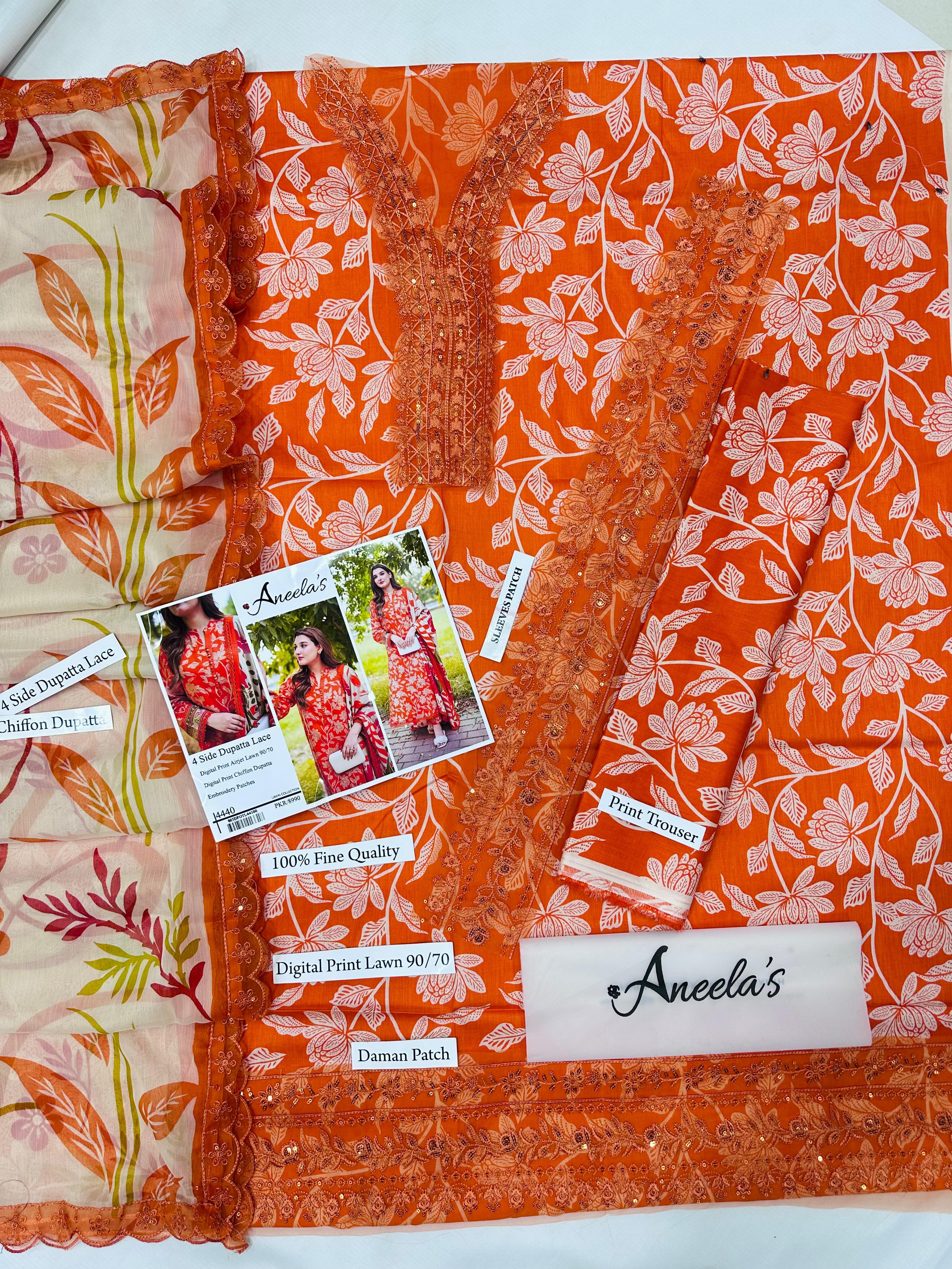 DIGITAL PRINT AIRJET LAWN 90/70 With 4 Side Lace CHIFFON DUPATTA