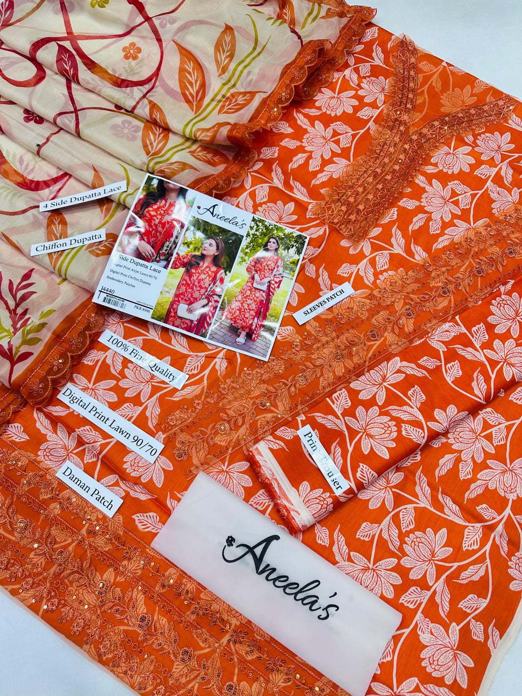 DIGITAL PRINT AIRJET LAWN 90/70 With 4 Side Lace CHIFFON DUPATTA