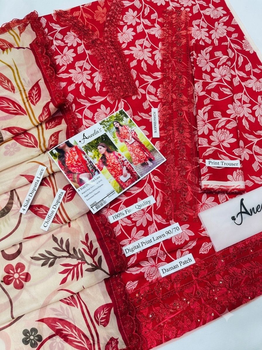 DIGITAL PRINT AIRJET LAWN 90/70 With 4 Side Lace CHIFFON DUPATTA