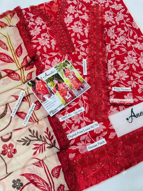 DIGITAL PRINT AIRJET LAWN 90/70 With 4 Side Lace CHIFFON DUPATTA