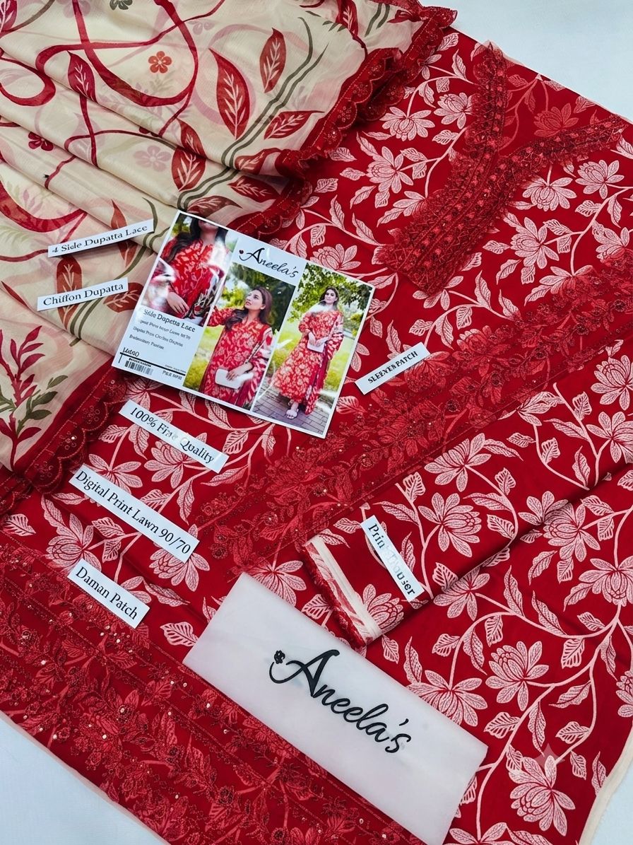 DIGITAL PRINT AIRJET LAWN 90/70 With 4 Side Lace CHIFFON DUPATTA