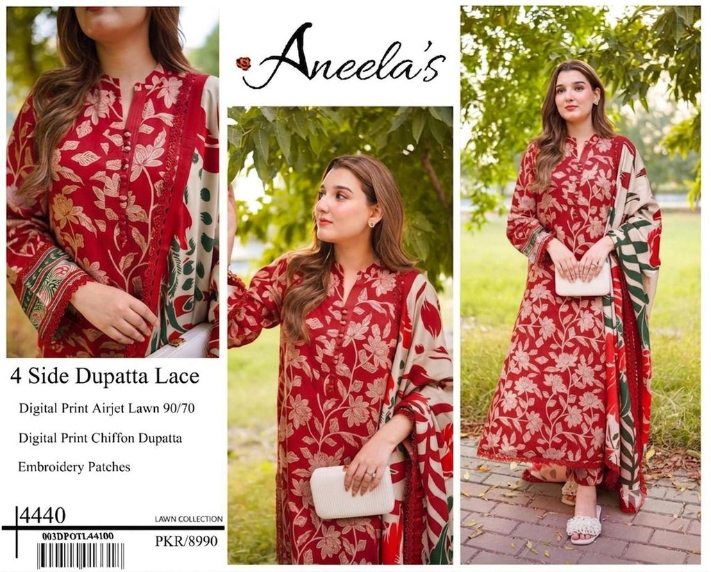 DIGITAL PRINT AIRJET LAWN 90/70 With 4 Side Lace CHIFFON DUPATTA