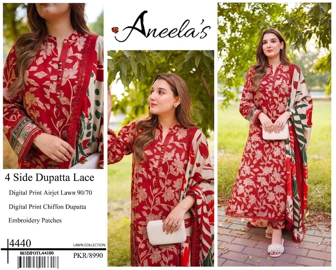 DIGITAL PRINT AIRJET LAWN 90/70 With 4 Side Lace CHIFFON DUPATTA