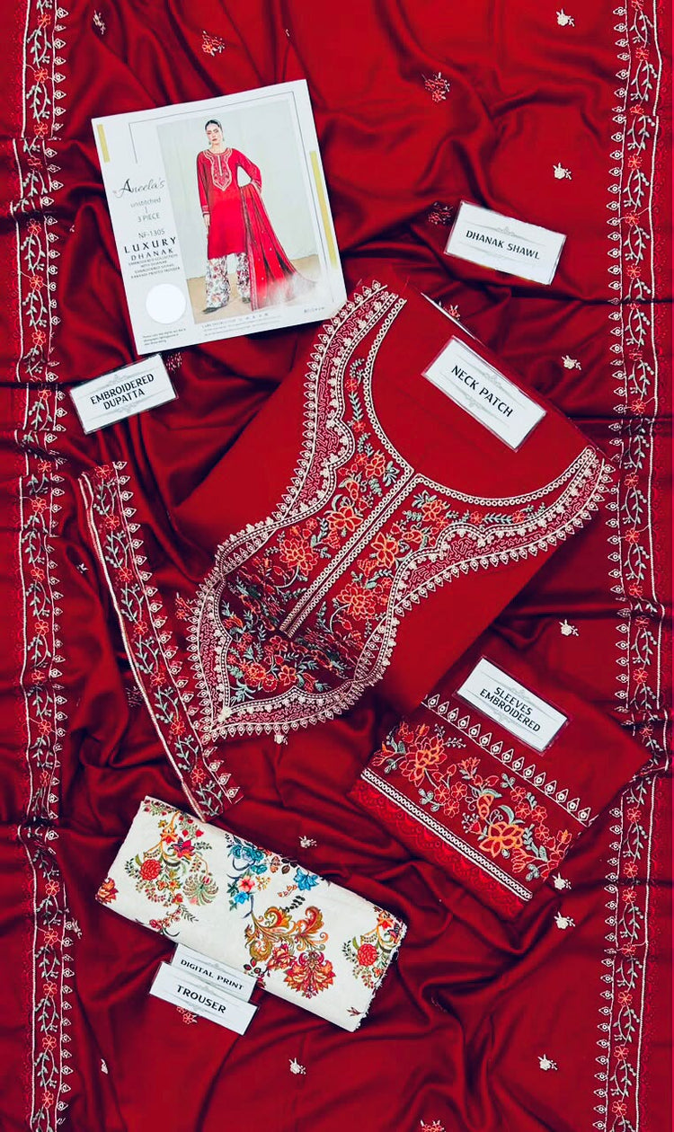 Aneelas Embroidered Dhanak 3 Piece Winter Suit with Dhanak Dupatta | 1010