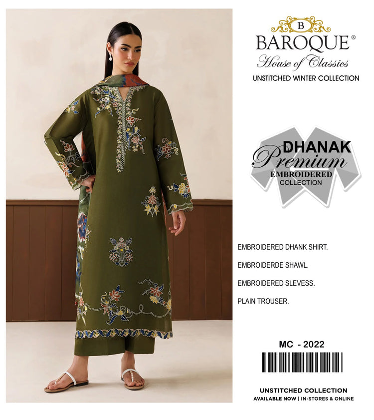 Baroque Embroidered Dhanak 3 Piece Winter Suit with Woolen Shawl | MC-2022