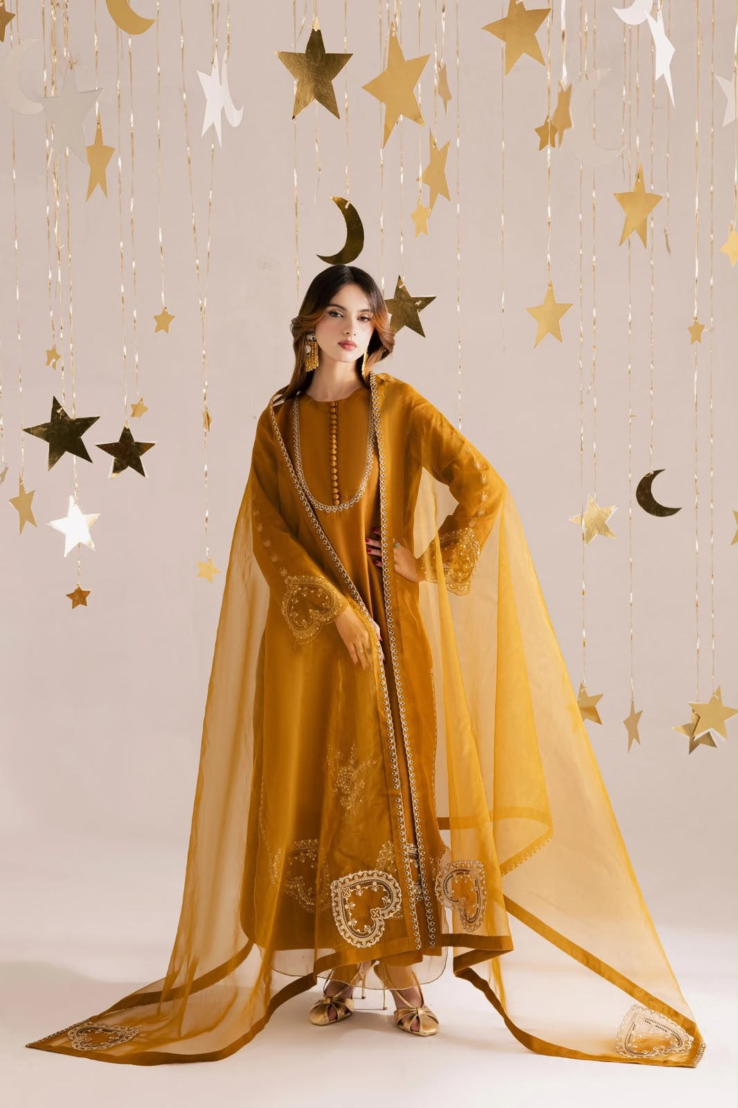 Vaniya Mustard Sequin Embroidered Shamoz Silk Kaftan | 3 Piece