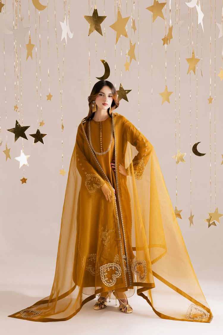Vaniya Mustard Sequin Embroidered Shamoz Silk Kaftan | 3 Piece