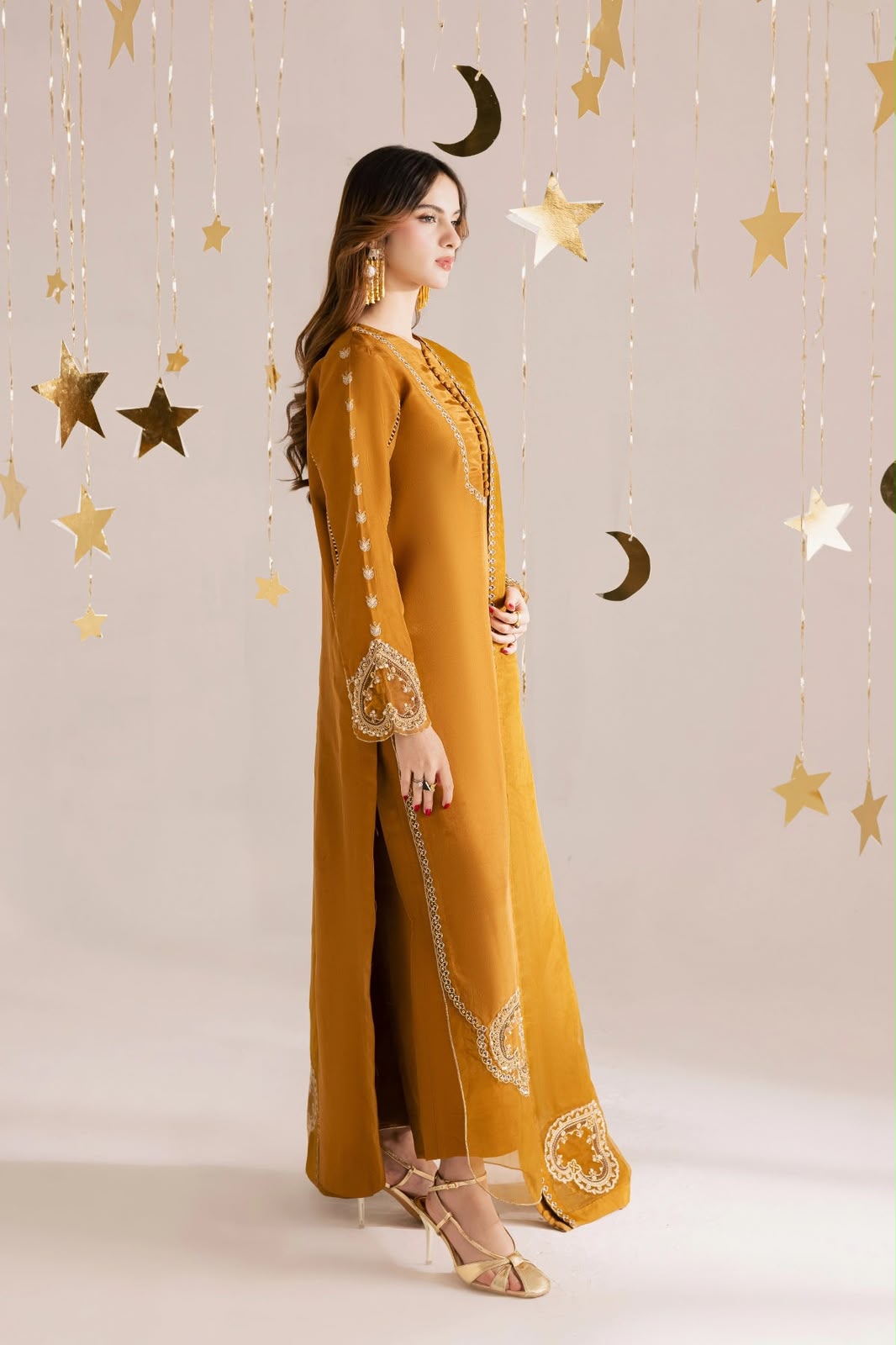 Vaniya Mustard Sequin Embroidered Shamoz Silk Kaftan | 3 Piece