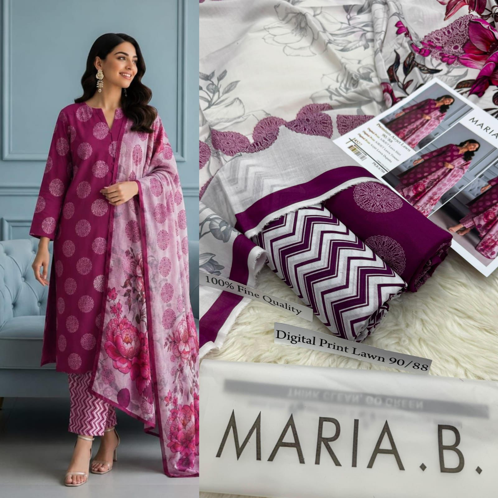 MARIA B PREMIUM DIGITAL PRINT AIRJET LAWN 90/88 VOLUME