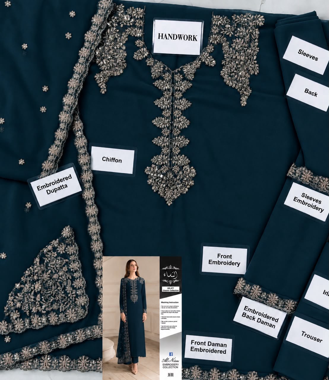 Iznik Embroidered Chiffon & Malai Unstitched Suit