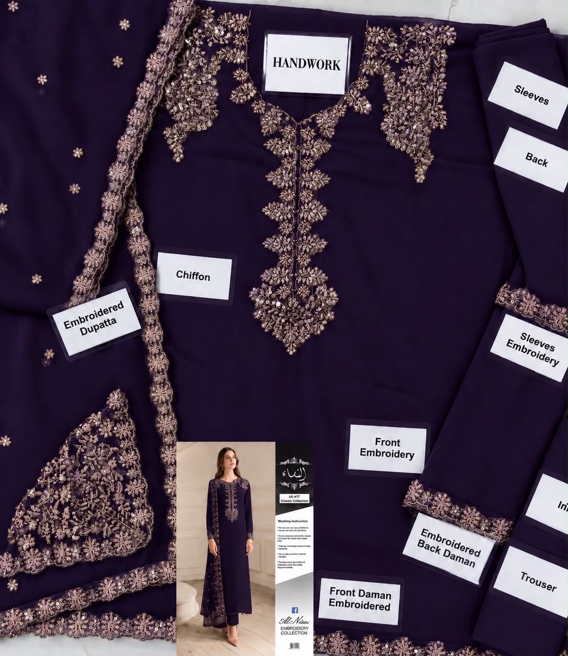 Iznik Embroidered Chiffon & Malai Unstitched Suit