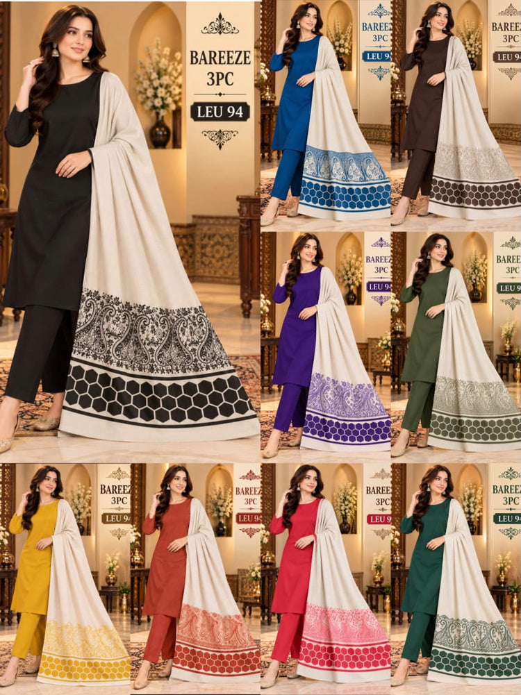 Bareeze 3pc Dyed Dhanak Suit with Pashmina Wool Shawl, LEU-94