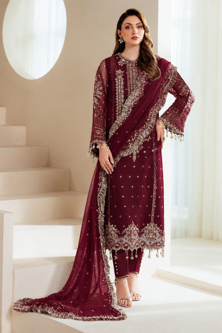 Alizeh Heavy Embroidered Chiffon Unstitched Suit with Adda Work, Maroon