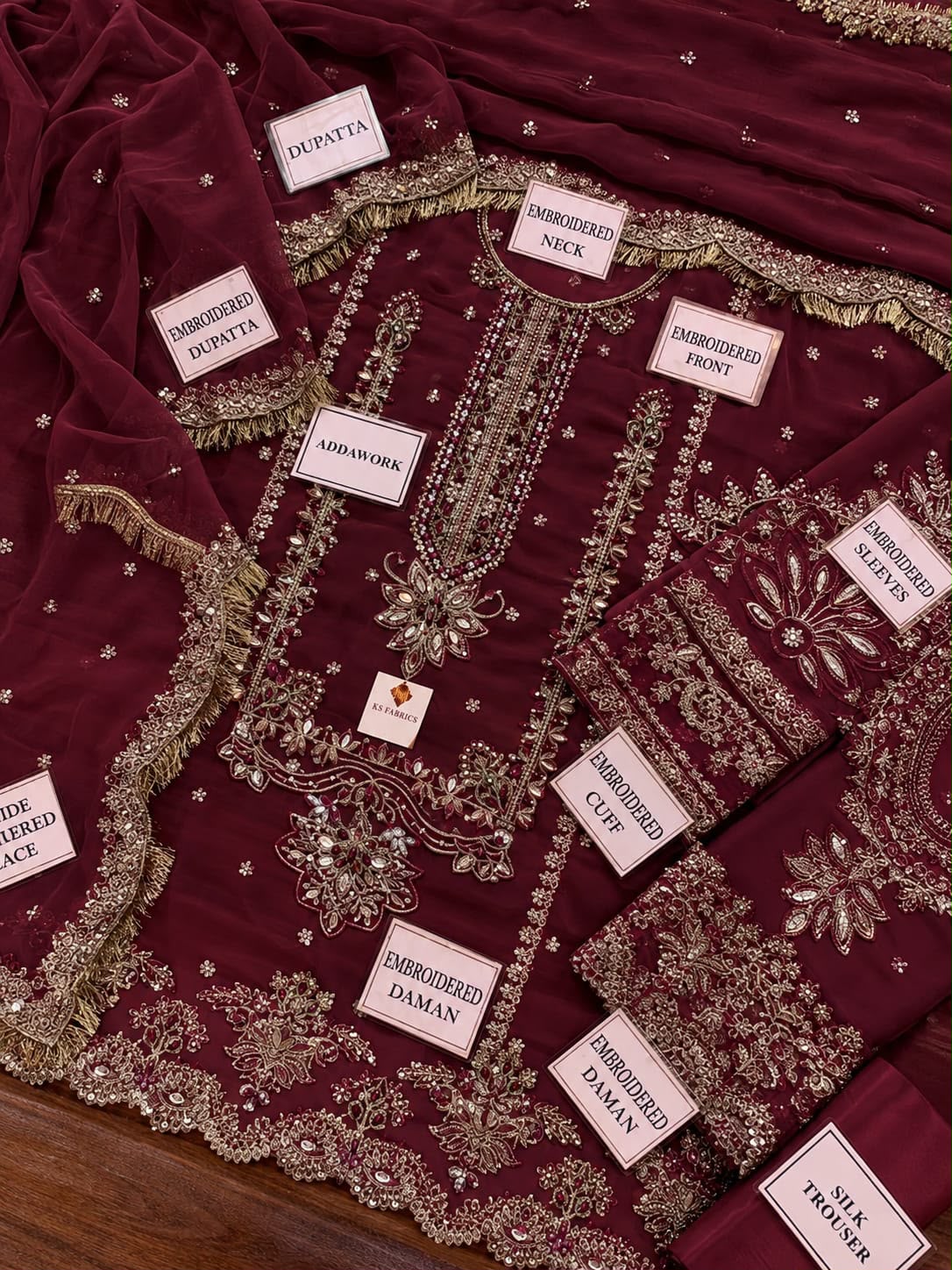 Alizeh Heavy Embroidered Chiffon Unstitched Suit with Adda Work, Maroon