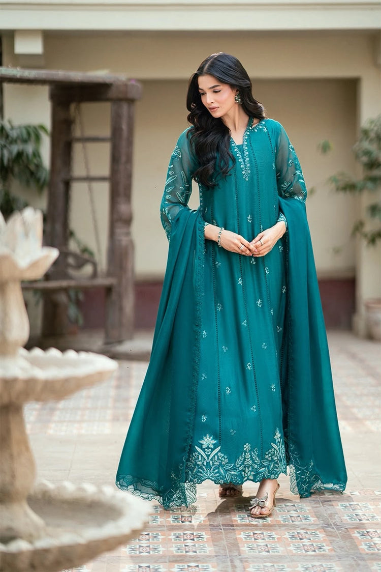 Azure Heavy Embroidered Chiffon Unstitched Suit with Laserkari Cutwork, Teal